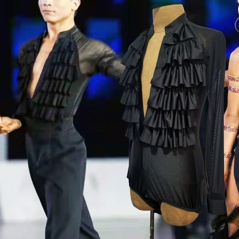 社交ダンス メンズラテンシャツ フリル ブラック 男性用 ダンス衣装